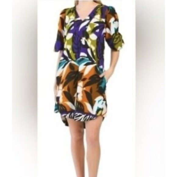 For Cynthia Linen Blend Shift‎ Dress Colorful Bright Puff Sleeve Womens M Boho - Picture 1 of 13